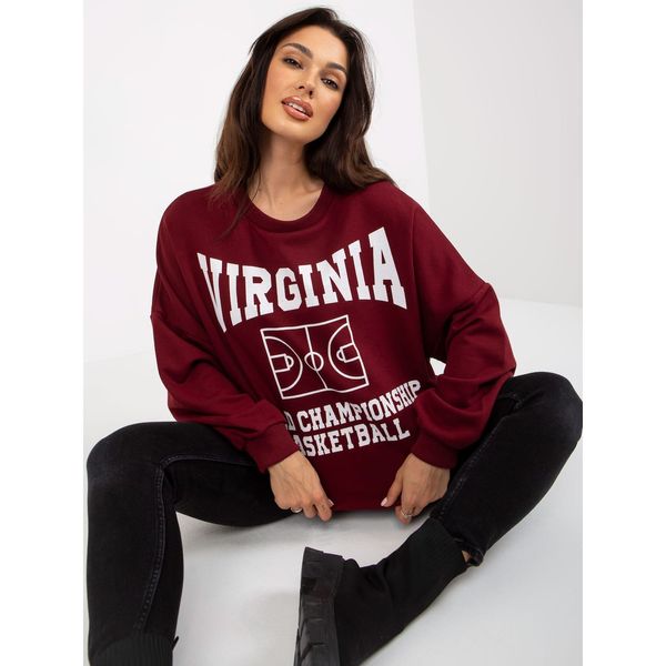 Fashionhunters Long, maroon sweatshirt with a print and a round neckline
