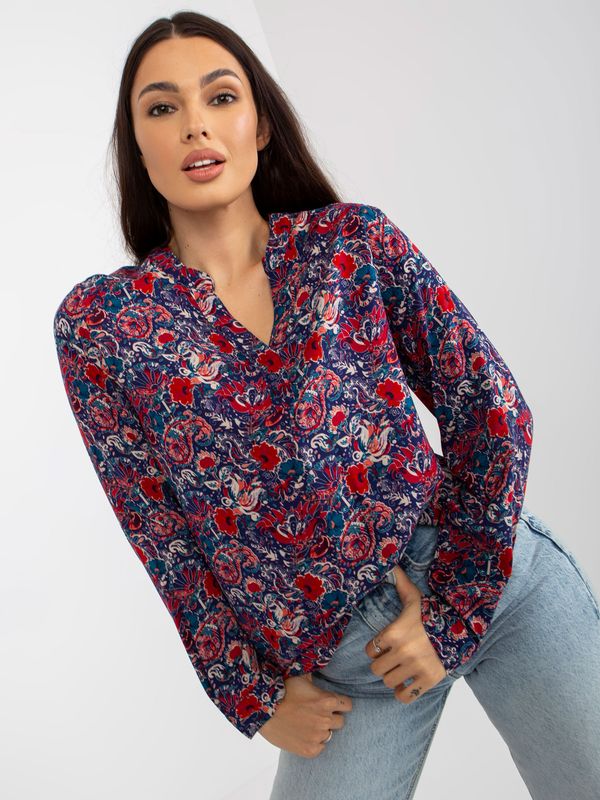 Fashionhunters Navy and red blouse with print and V-neck SUBLEVEL