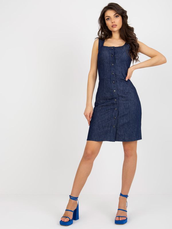 Fashionhunters Navy blue denim zippered dress with snap studs