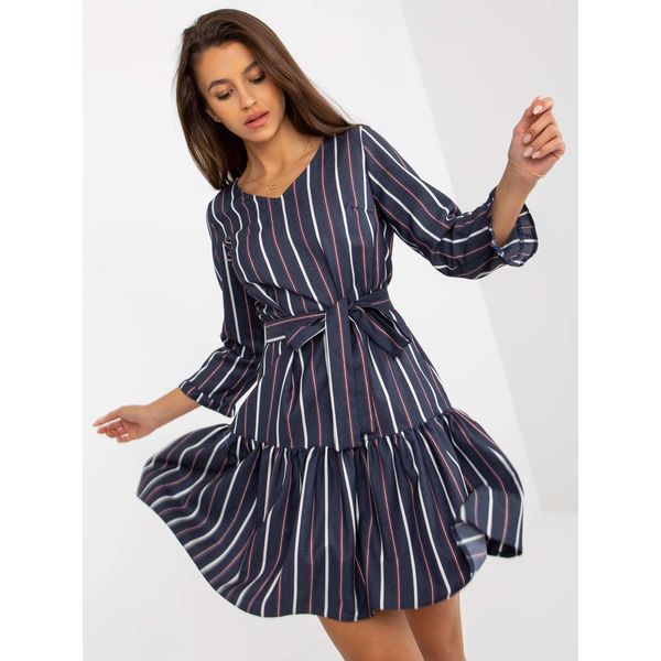 Fashionhunters Navy blue flared cocktail dress with stripes