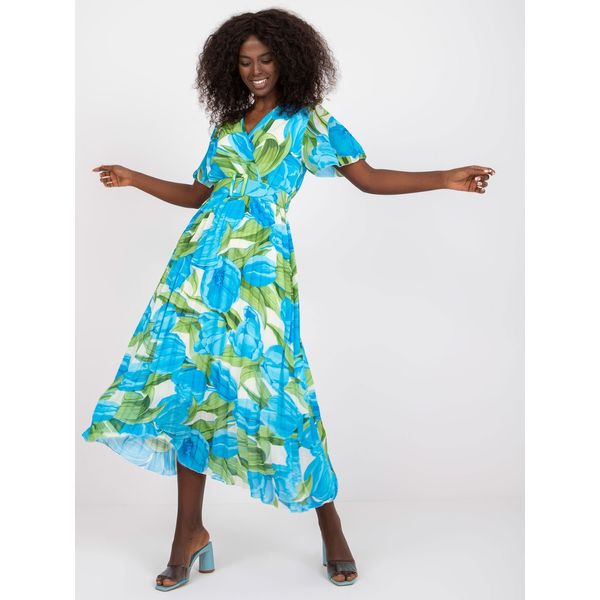 Fashionhunters One size blue and green pleated dress with a belt
