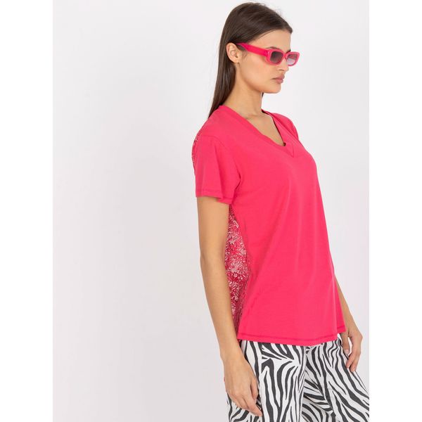 Fashionhunters Pink asymmetrical blouse with lace and short sleeves