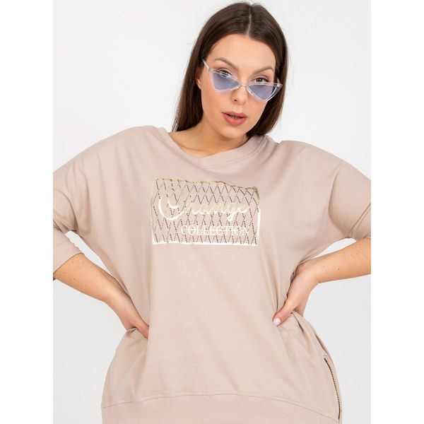 Fashionhunters Plus size beige blouse with rhinestones appliqué