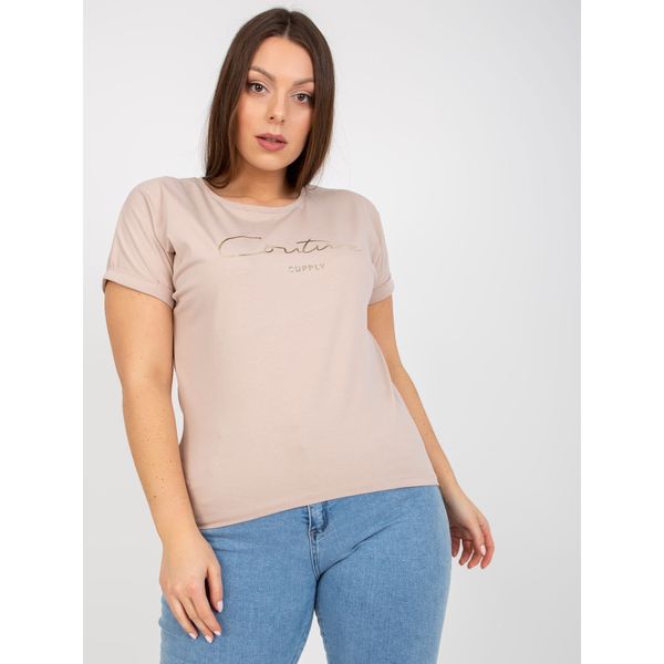 Fashionhunters Plus size beige t-shirt with gold lettering