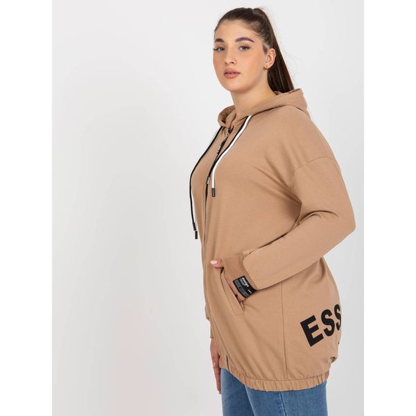 Fashionhunters Plus size camel zip sweatshirt with text on the back