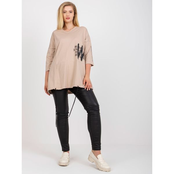 Fashionhunters Plus size light beige cotton blouse with a printed design