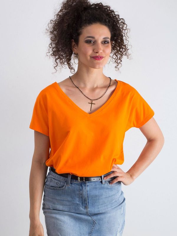 Fashionhunters Pomarańczowy fluo pomarańczowy t-shirt z bawełny z dekoltem w serek