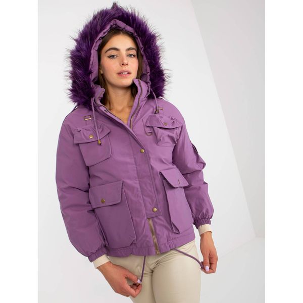 Fashionhunters Purple down winter jacket with fur on the hood