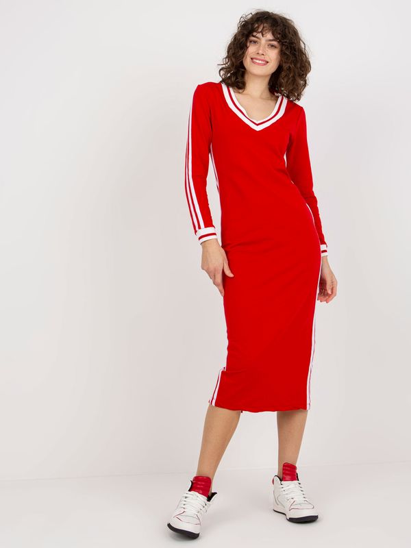 Fashionhunters Red Sweatshirt Midi Dress with V-Neck