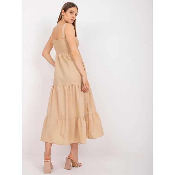 Fashionhunters RUE PARIS beige maxi dress on the straps with a frill