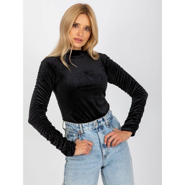 Fashionhunters RUE PARIS black one size velor blouse with ruffles on the sleeves