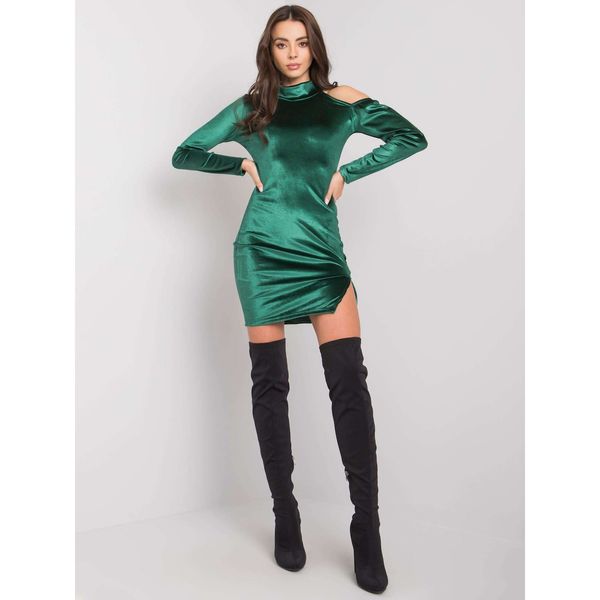 Fashionhunters RUE PARIS Dark green velor dress with a slit