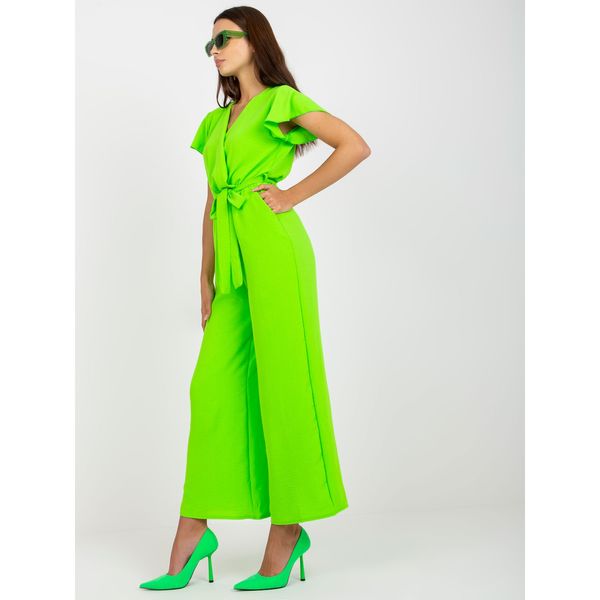 Fashionhunters RUE PARIS fluo green wide leg coverall with short sleeves