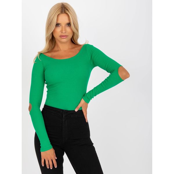 Fashionhunters RUE PARIS green ribbed basic blouse with cutouts on the elbows