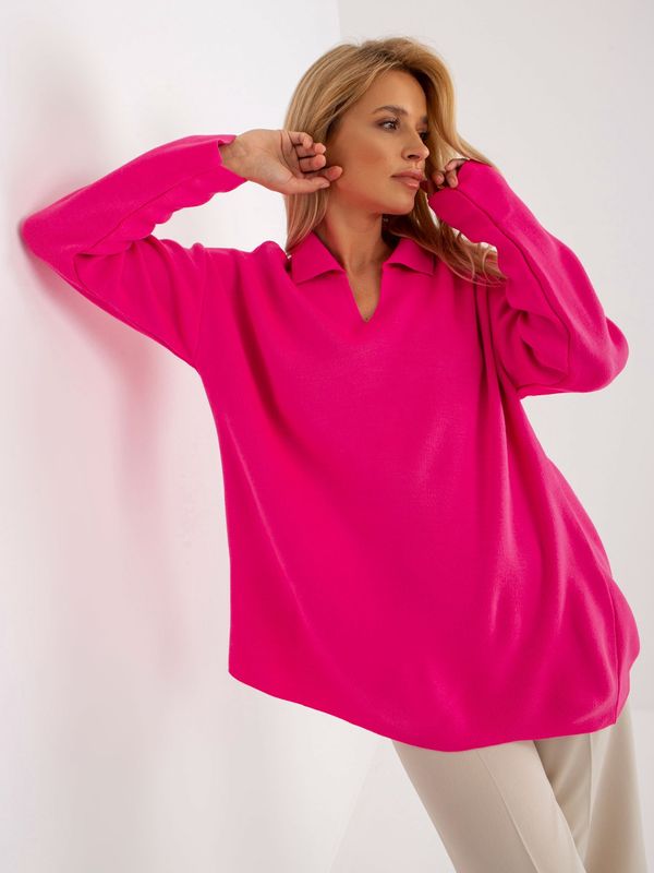 Fashionhunters RUE PARIS ladies fluo pink oversize sweater with collar