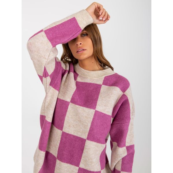 Fashionhunters Violet and beige women's oversized checkered sweater