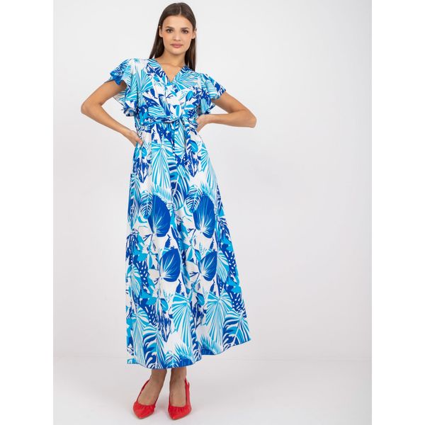Fashionhunters White and blue dress with prints and an envelope neckline