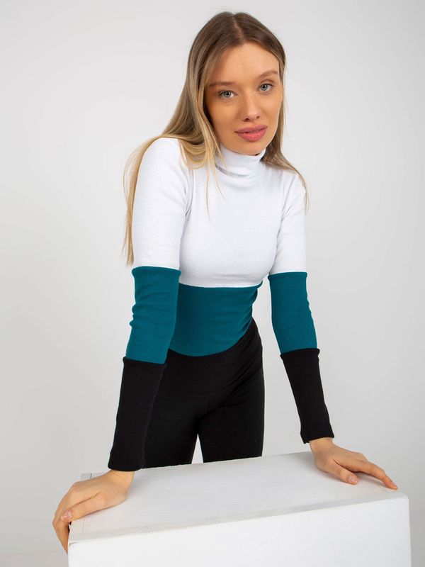 Fashionhunters White and blue-green basic ribbed blouse with turtleneck