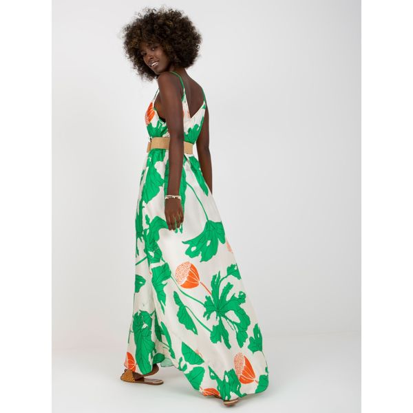 Fashionhunters White and green maxi dress with prints with a braided belt