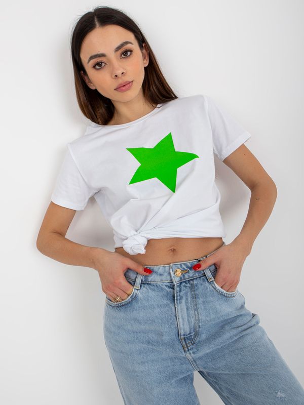 Fashionhunters White and green T-shirt BASIC FEEL GOOD with star print