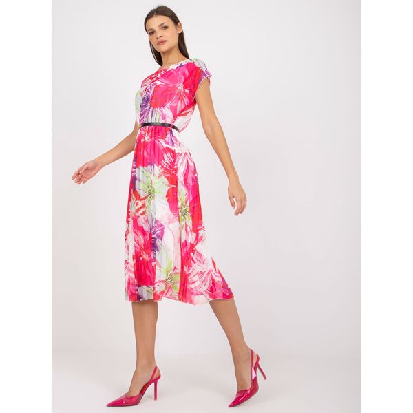 Fashionhunters White and pink airy dress with midi-length prints