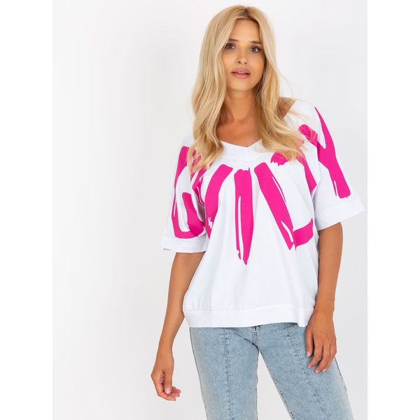 Fashionhunters White and pink blouse with a print and a V-neck