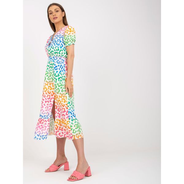 Fashionhunters White midi dress with colorful prints with a V-neck