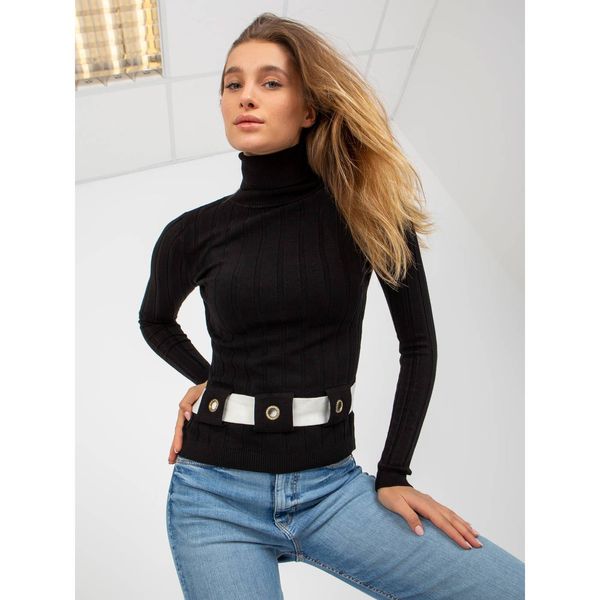 Fashionhunters Women's black turtleneck sweater with a wide stripe