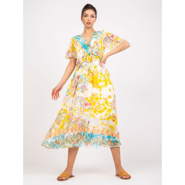 Fashionhunters Yellow midi dress with prints and an envelope neckline