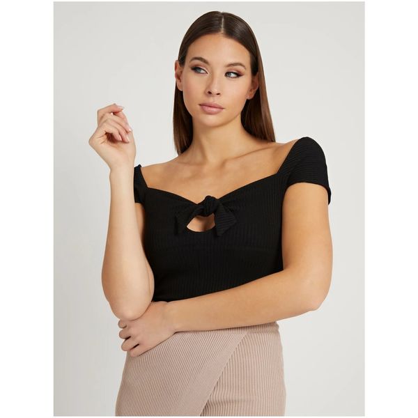 Guess Black Women Ribbed Cropped T-Shirt with Bow Guess Valeriana - Women
