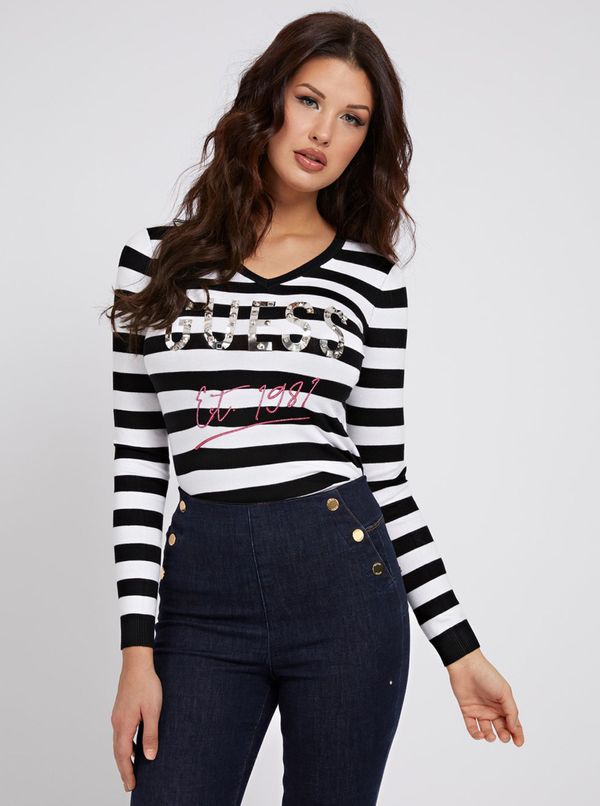 Guess White-black striped sweater with lettering with decorative details Guess Logo - Women