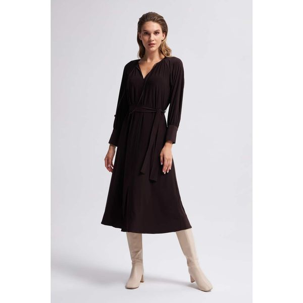 Gusto Gusto Long Dress With Pleated Collar - Brown