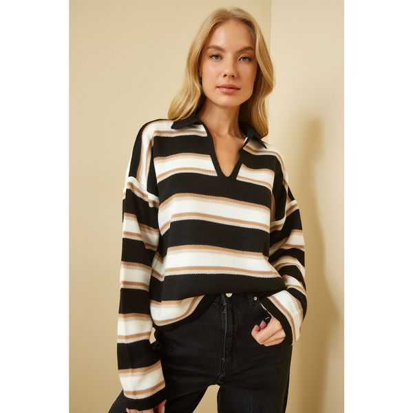 Happiness İstanbul Happiness İstanbul Women's Black Bone Polo Collar Striped Crop Knitwear Sweater