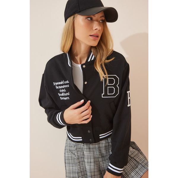 Happiness İstanbul Happiness İstanbul Women's Black Crop College Bomber Knitted Jacket