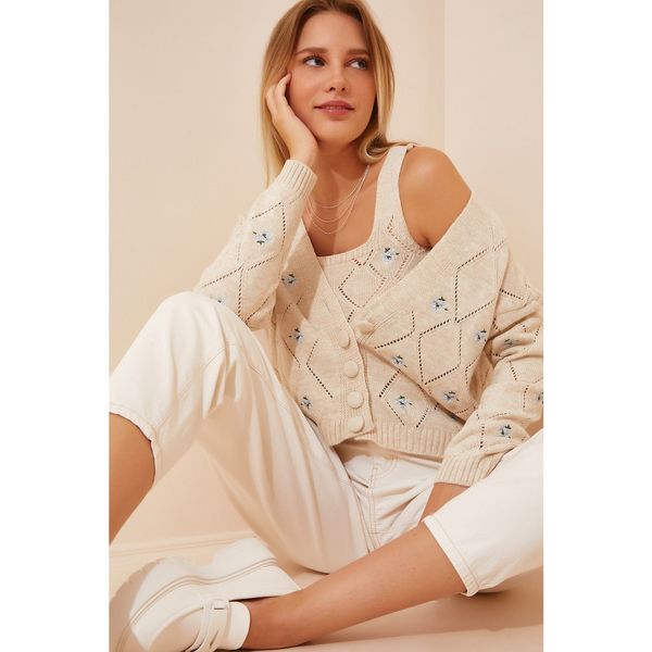 Happiness İstanbul Happiness İstanbul Women's Cream Floral Embroidered Cardigan Athlete Knitwear Suit