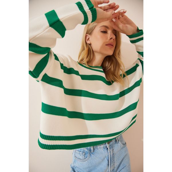 Happiness İstanbul Happiness İstanbul Women's Green Cream Striped Crop Knitwear Sweater