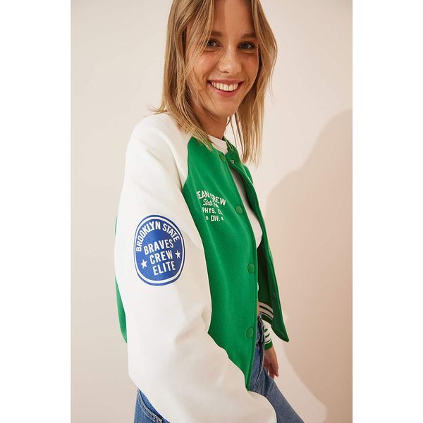 Happiness İstanbul Happiness İstanbul Women's Green Crest College Bomber Knitted Coat