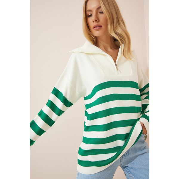 Happiness İstanbul Happiness İstanbul Women's Green White Zipper Stand Up Collar Striped Oversize Knitwear Sweater