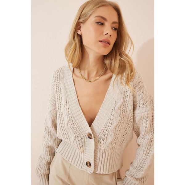 Happiness İstanbul Happiness İstanbul Women's Light Beige Knitted Patterned V-Neck Knitwear Cardigan