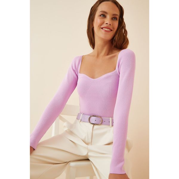 Happiness İstanbul Happiness İstanbul Women's Lilac Heart Collar Corduroy Knitwear Sweater