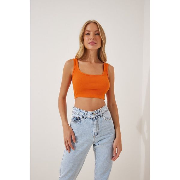 Happiness İstanbul Happiness İstanbul Women's Orange Strap Corduroy Crop Knitted Blouse