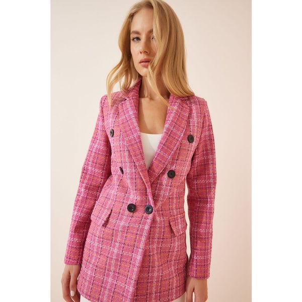 Happiness İstanbul Happiness İstanbul Women's Pink Check Double Breasted Blazer Jacket
