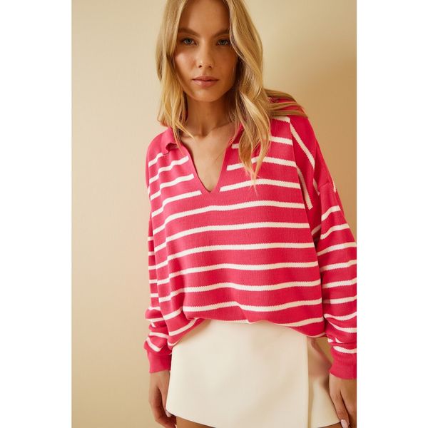 Happiness İstanbul Happiness İstanbul Women's Pink White Polo Collar Crop Knitwear Sweater