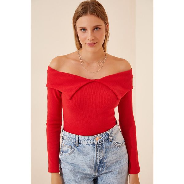 Happiness İstanbul Happiness İstanbul Women's Red Carmen Collar Corduroy Knitted Blouse