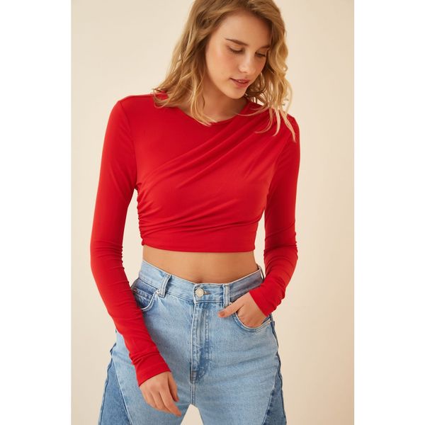 Happiness İstanbul Happiness İstanbul Women's Red Pleated Crop Knitted Blouse