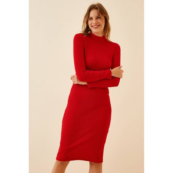 Happiness İstanbul Happiness İstanbul Women's Red Stand Collar Ribbed Lycra Knitted Dress