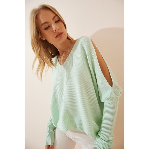 Happiness İstanbul Happiness İstanbul Women's Water Green Shoulder Window Oversize Knitwear Sweater