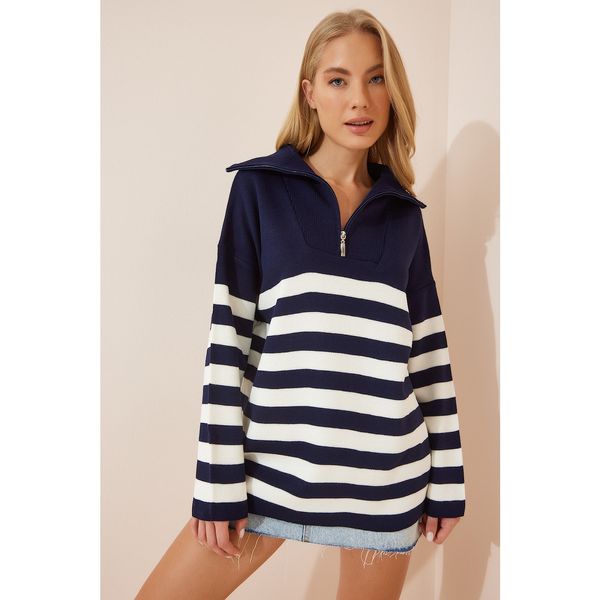 Happiness İstanbul Happiness İstanbul Women's White Navy Blue Zipper Stand Up Collar Striped Oversize Knitwear Sweater