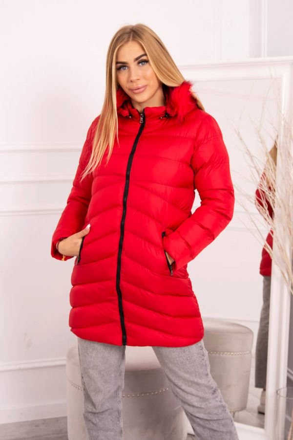 Kesi Quilted winter jacket with hood and fur red color