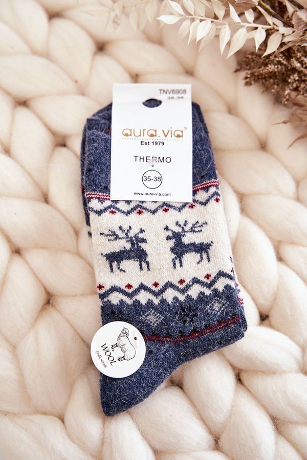 Kesi Women's Christmas woolen socks with reindeer pattern navy blue